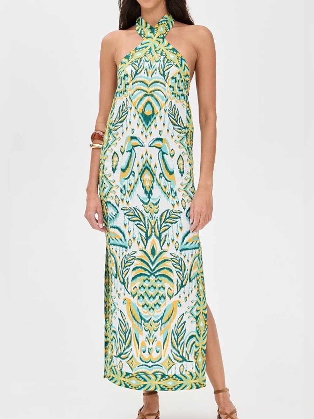 Farm Rio Halter Maxi Dress in Green & Yellow Print